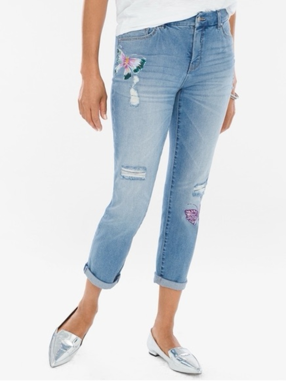 slimming girlfriend crop chicos Light Blue painted butterfly Jeans  distressed 6